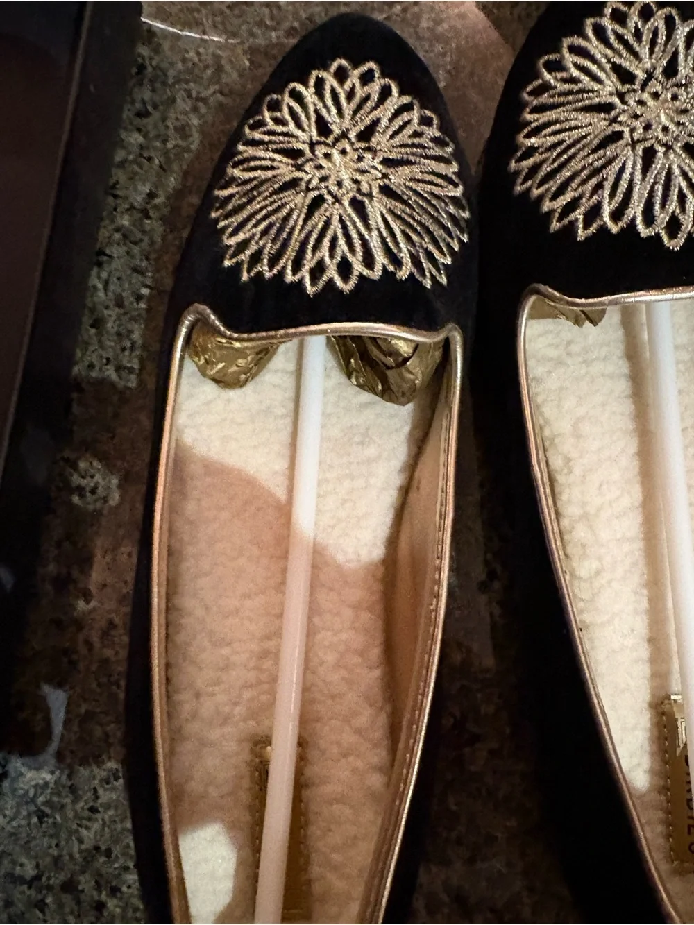Birdies Black & Gold Embroidered Velvet Loafers and /or Slippers  Sherpa Lining